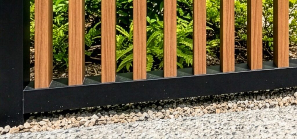 門柱の足元は砂利敷きにし、雨の跳ね返りと雑草を抑えています。