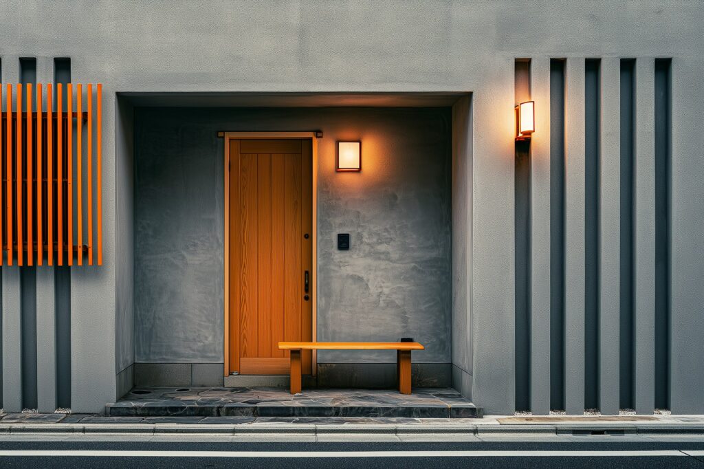 木のベンチを置いた、塗り壁と縦格子の玄関まわり