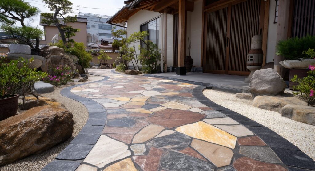 乱形石のアプローチと庭石が迎える和の玄関｜横浜市青葉区 施工後