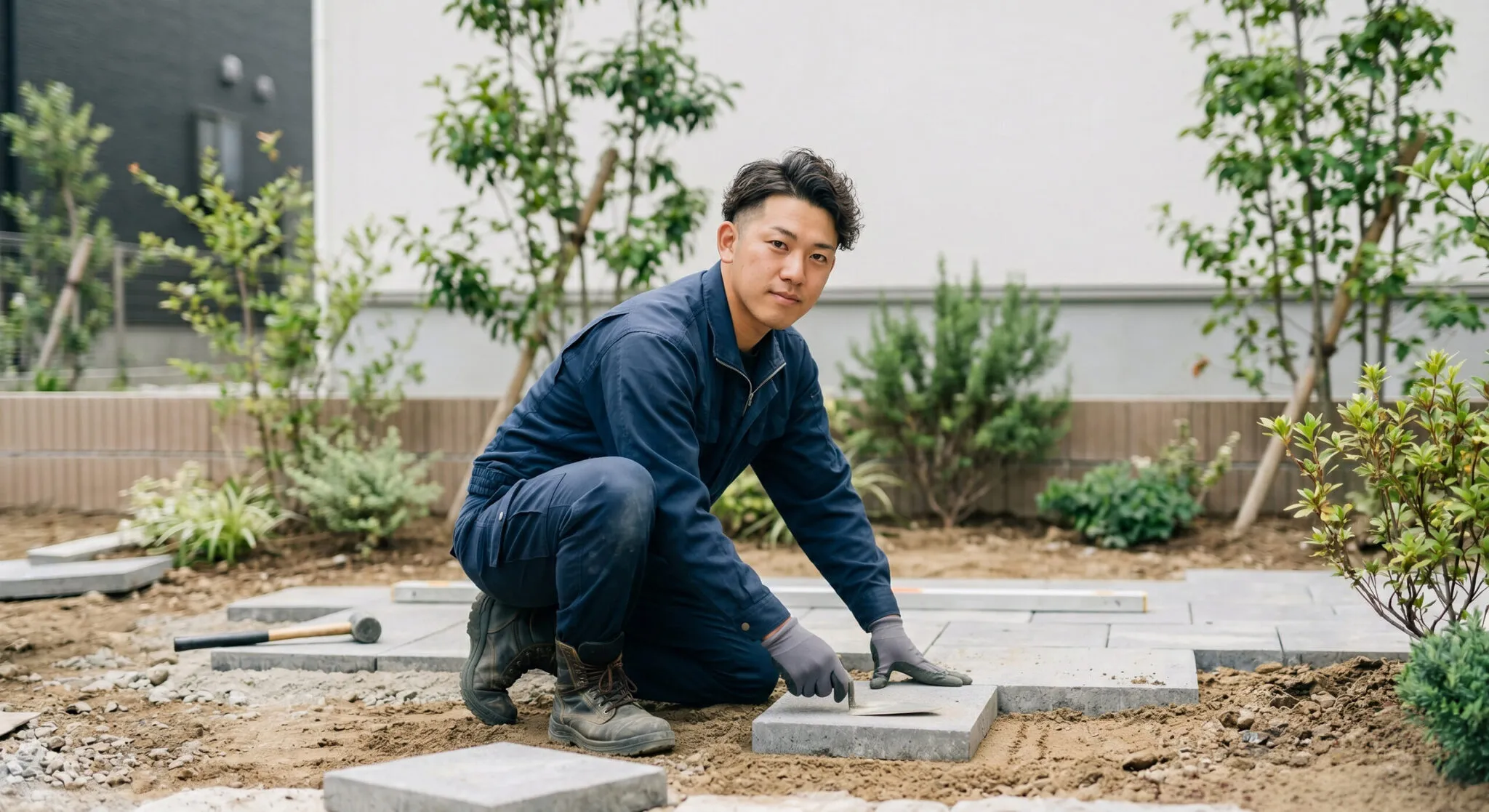 自社の職人が住宅の庭で敷石を据えている様子